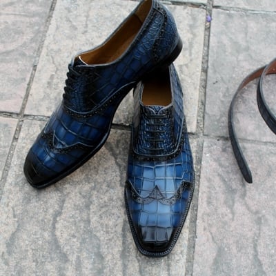 Crafted leather handmade blue crocodile/alligator wingtip dress shoes with matching belt - Thumbnail 4