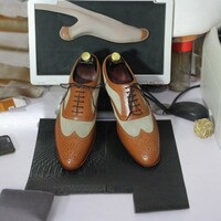 Men's Beige Brown Leather Suede Handmade Oxford Shoes - Thumbnail 2