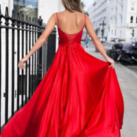 Simple Spaghetti Straps A Line Red Long Prom Dresses - Thumbnail 1