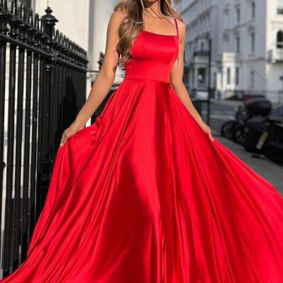 Simple spaghetti straps a line red long prom dresses - Thumbnail 2