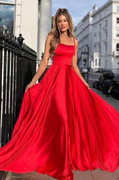 Simple Spaghetti Straps A Line Red Long Prom Dresses