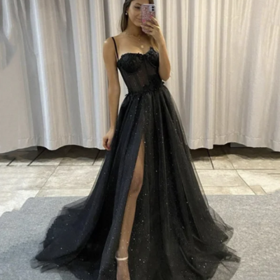 A line black straps tulle evening dresses