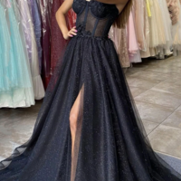 A Line Black Straps Tulle Evening Dresses - Thumbnail 1
