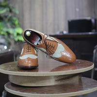 Handmade Men's Brown Beige Leather Suede Oxford Shoes - Thumbnail 1