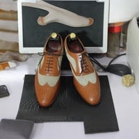 Handmade Men's Brown Beige Leather Suede Oxford Shoes - Thumbnail 2
