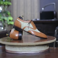 Handmade Men's Brown Beige Leather Suede Oxford Shoes - Thumbnail 3