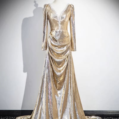 Gold sequins long prom dress, shiny long sleeve evening party dress - Thumbnail 1
