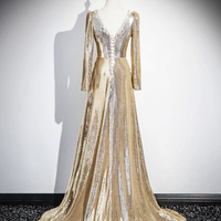 Gold Sequins Long Prom Dress, Shiny Long Sleeve Evening Party Dress - Thumbnail 3