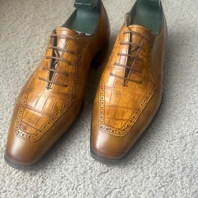 Men's handmade brown contrast alligator texture lace up dress shoes