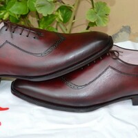 Crafted Leather Classic Burgundy Leather Wingtip Oxford Lace up Dress Shoes - Thumbnail 1
