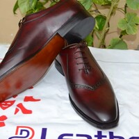 Crafted Leather Classic Burgundy Leather Wingtip Oxford Lace up Dress Shoes - Thumbnail 2