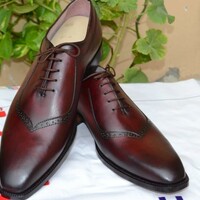 Crafted Leather Classic Burgundy Leather Wingtip Oxford Lace up Dress Shoes - Thumbnail 4