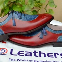 Crafted Leather Men Blue Patina Red Leather Oxford Formal Dress Classic Lace up Shoes - Thumbnail 2