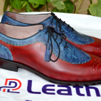 Crafted Leather Men Blue Patina Red Leather Oxford Formal Dress Classic Lace up Shoes - Thumbnail 1