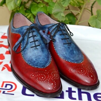 Crafted leather men blue patina red leather oxford formal dress classic lace up shoes - Thumbnail 3