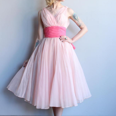 A-line v neck light pink tea length prom dresses - Thumbnail 2