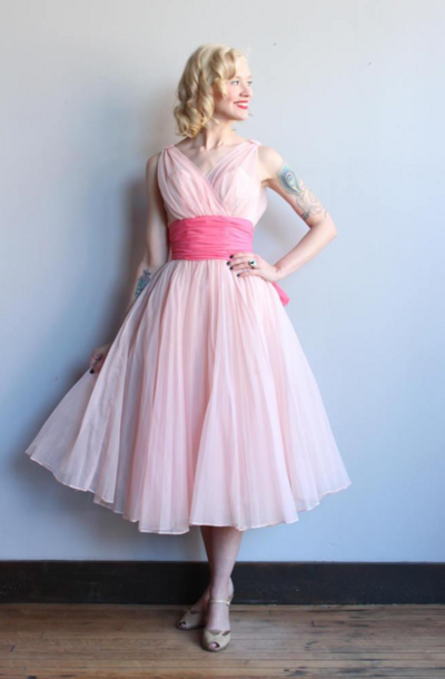 A-Line V Neck Light Pink Tea Length Prom Dresses