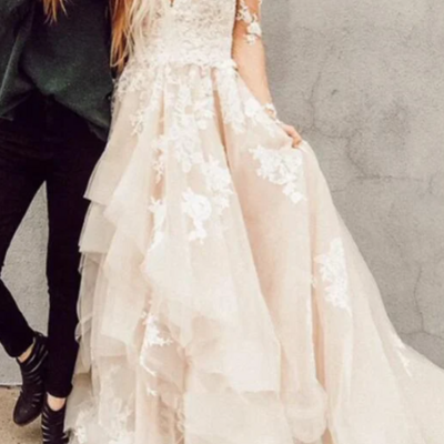 Gorgeous a line v neck long sleeves lace wedding dresses