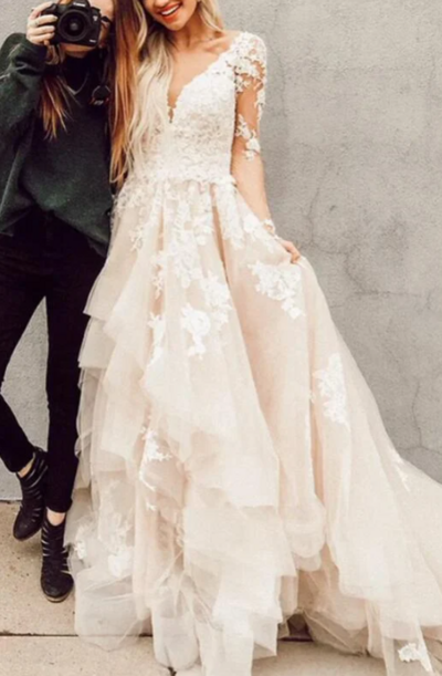 Gorgeous A line V neck Long Sleeves Lace Wedding Dresses