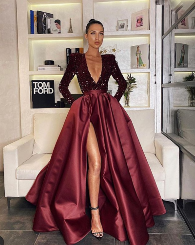 Elegant V Neck Long Sleeve Burgundy Sequin Prom Dresses with Slit and Pockets