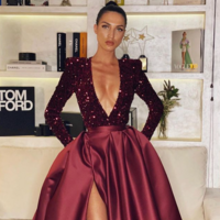 Elegant V Neck Long Sleeve Burgundy Sequin Prom Dresses with Slit and Pockets - Thumbnail 1