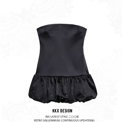Balloon-style satin dress with rhinestones
