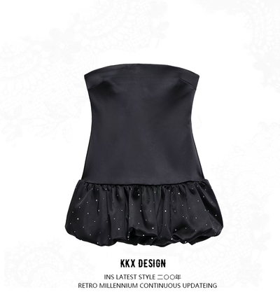Balloon-style satin dress with rhinestones