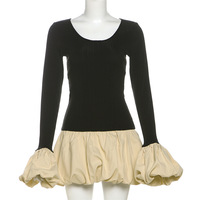 Contrast Color Slim Fit Tutu Waist Long Sleeve Dress - Thumbnail 4