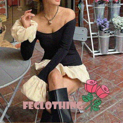 Contrast color slim fit tutu waist long sleeve dress - Thumbnail 4