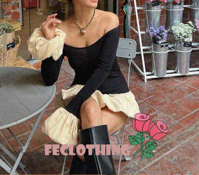 Contrast Color Slim Fit Tutu Waist Long Sleeve Dress