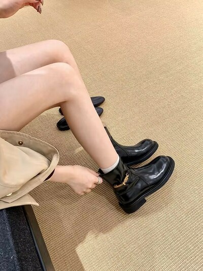 Side zipper women's small gold buckle genuine leather motorcycle martin short boots