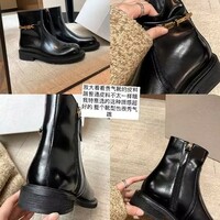Side zipper women's small gold buckle genuine leather motorcycle martin short boots - Thumbnail 1