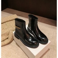Side zipper women's small gold buckle genuine leather motorcycle martin short boots - Thumbnail 2