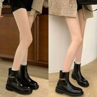 Side zipper women's small gold buckle genuine leather motorcycle martin short boots - Thumbnail 3
