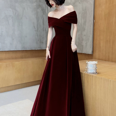 Burgundy velvetl long prom party dress - Thumbnail 1