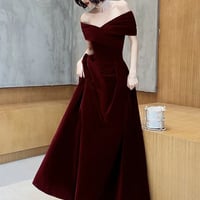 Burgundy Velvetl Long Prom Party Dress - Thumbnail 1