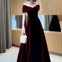 Burgundy Velvetl Long Prom Party Dress - Thumbnail 2