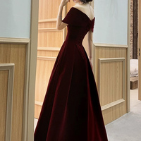 Burgundy Velvetl Long Prom Party Dress - Thumbnail 3