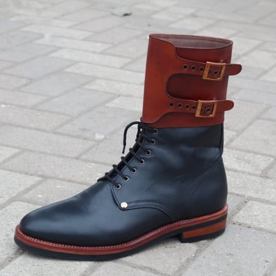 Black ankle high genuine leather men double buckle cowboy boot