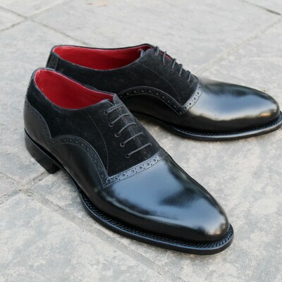 Crafted leather black / suede classic dress lace up oxford shoes - Thumbnail 4