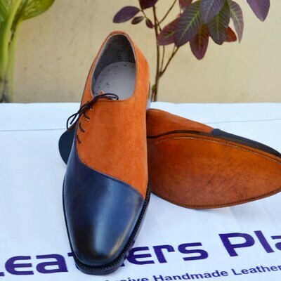 Unique and Classic Men Brown Suede and Blue Leather Lace up Oxford Dress Shoes