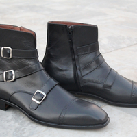 Crafted Leather Classic Black Leather Triple Buckle Strap Ankle High Jodhpur Boot - Thumbnail 3