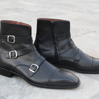 Crafted Leather Classic Black Leather Triple Buckle Strap Ankle High Jodhpur Boot - Thumbnail 4