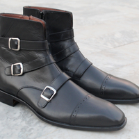 Crafted Leather Classic Black Leather Triple Buckle Strap Ankle High Jodhpur Boot - Thumbnail 6