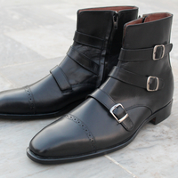 Crafted Leather Classic Black Leather Triple Buckle Strap Ankle High Jodhpur Boot - Thumbnail 5