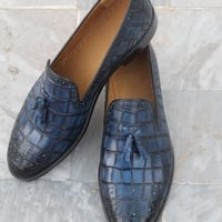 Crafted Leather Blue Classic Men Crocodile/Alligator Tassel Loafers Dress Shoes - Thumbnail 2
