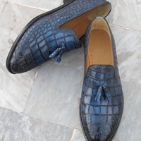 Crafted Leather Blue Classic Men Crocodile/Alligator Tassel Loafers Dress Shoes - Thumbnail 3