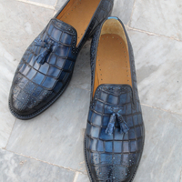 Crafted Leather Blue Classic Men Crocodile/Alligator Tassel Loafers Dress Shoes - Thumbnail 4
