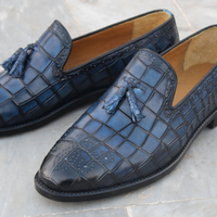 Crafted Leather Blue Classic Men Crocodile/Alligator Tassel Loafers Dress Shoes - Thumbnail 5