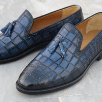 Crafted Leather Blue Classic Men Crocodile/Alligator Tassel Loafers Dress Shoes - Thumbnail 7